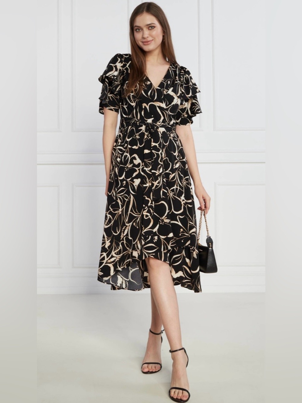 DKNY Black & Cream Floral High-Low Wrap Dress